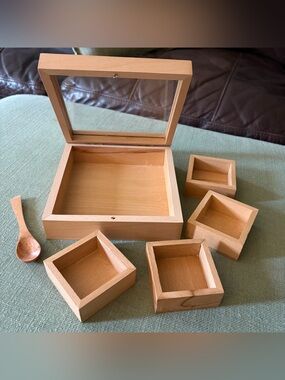 Small Hand Crafted Wooden Spice Box With Spoon Made in India